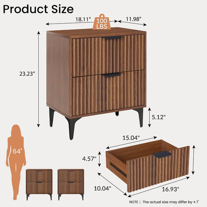 Walnut Fluted Nightstand Set of 2, Modern Night Stands with 2 Drawers