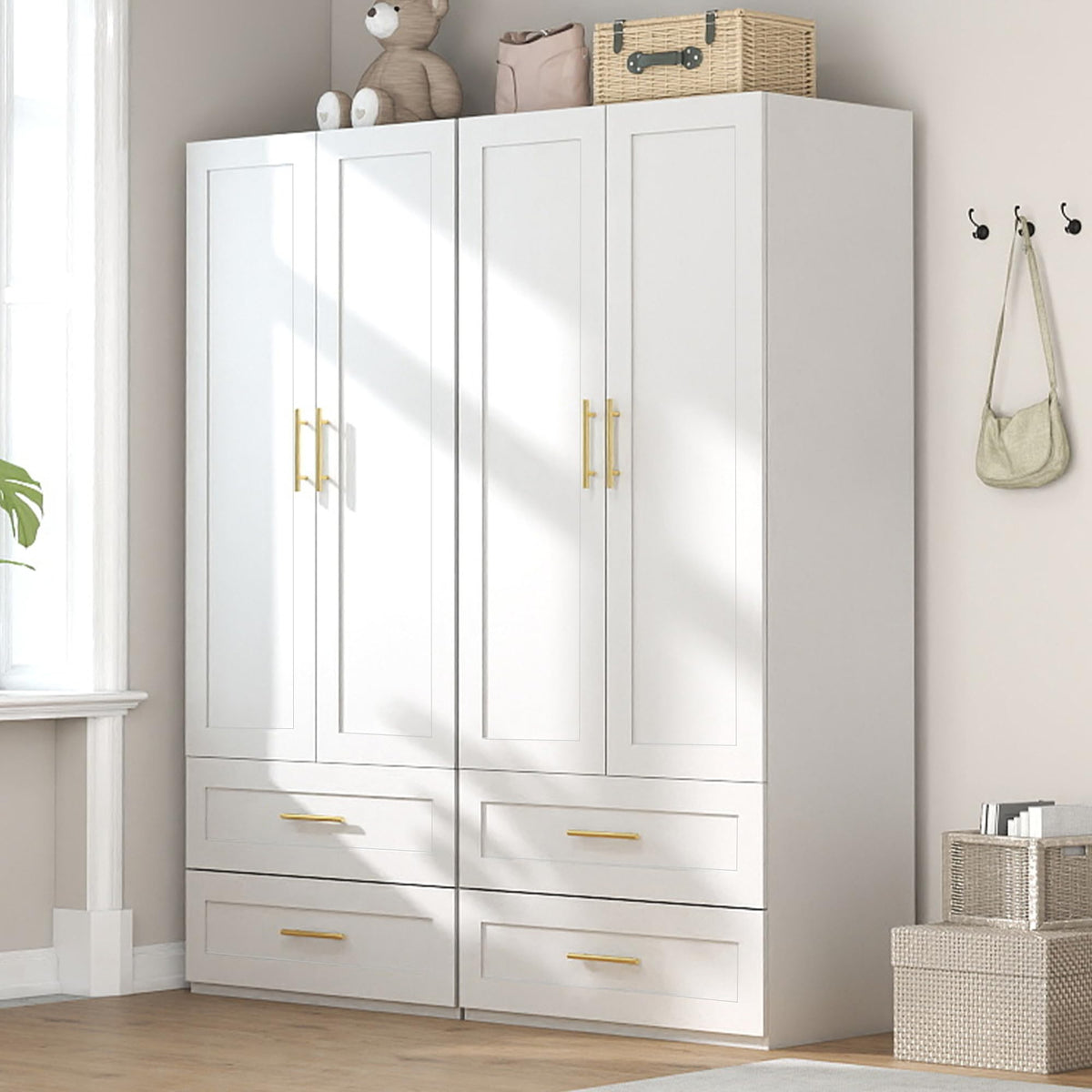 White Wardrobe with 4 Doors and 4 Drawers，75" Tall x 63" Wide
