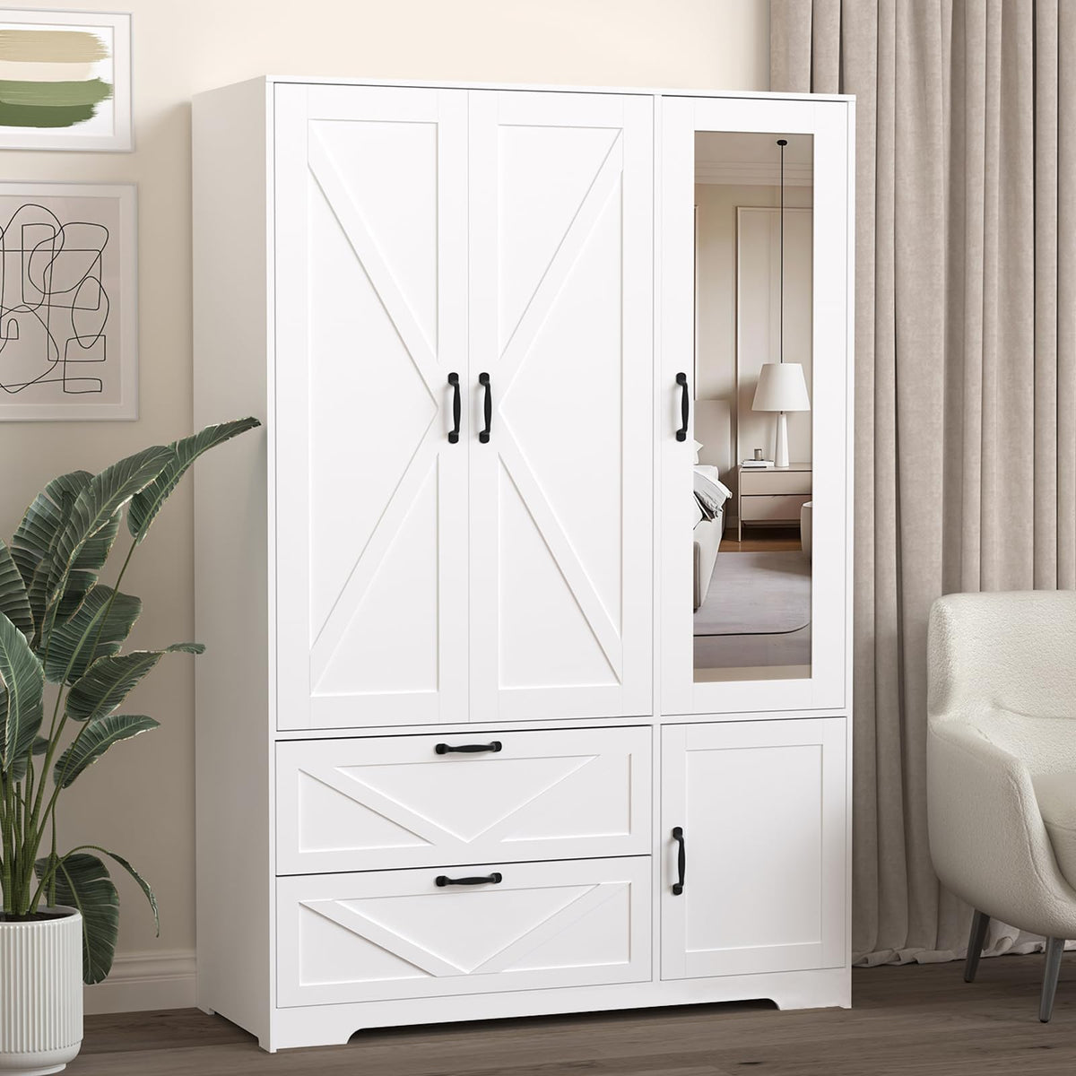 72" Armoire Wardrobe Closet with Mirror Door and LED Lights,Farmhouse Bedroom Armoire with Drawers and Adjustable Shelves,Wooden Armoire Wardrobe Closet with Hanging Rod for Bedroom(Black)