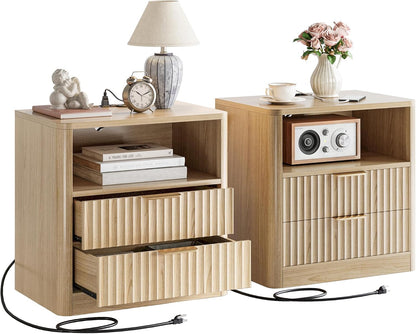 IRONCK Fluted Night Stand Set of 2, Oak