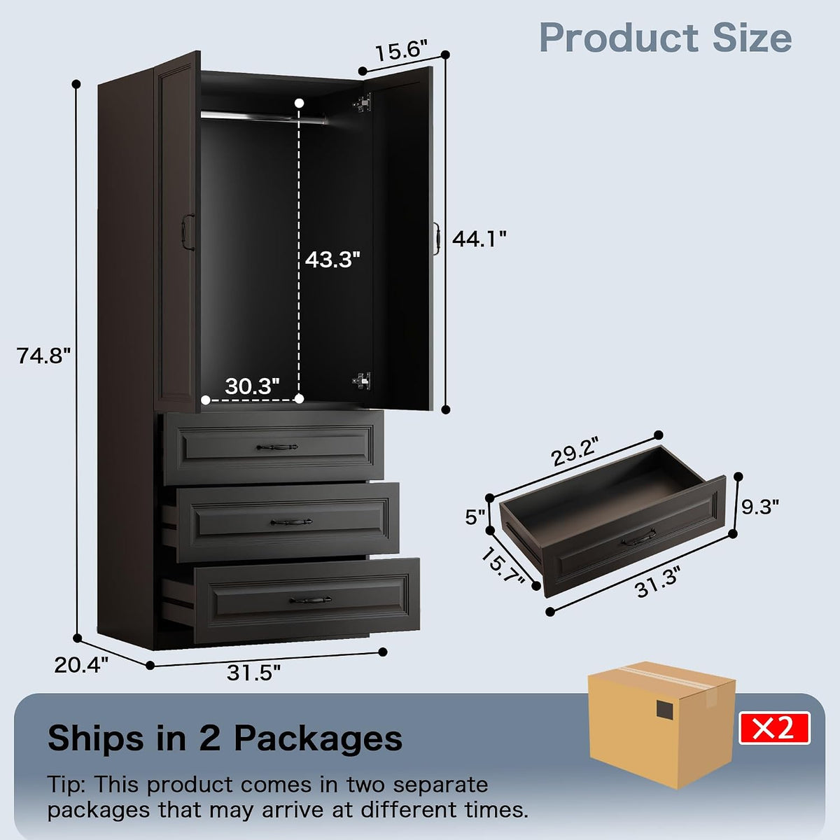 Black Armoire Wardrobe Closet with 3 Drawers, 75" H x 32" W Armoire
