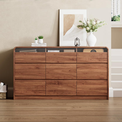 Ieejdn Dresser for Bedroom with 9 Drawers, 63" Modern Chest of Drawers, Dresser TV Stand, Wood Drawer Organizer for Living Room, Hallway, Tan