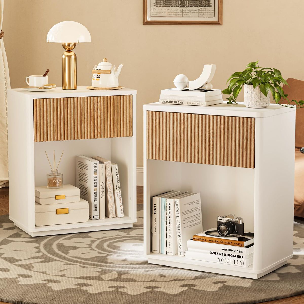 Modern Fluted Nightstand Set of 2 for Bedroom, Mid Century Bedside Table with Drawer & Open Shelf, Wood End Table, Farmhouse Night Stand for Home, Hallway, Office, Walnut
