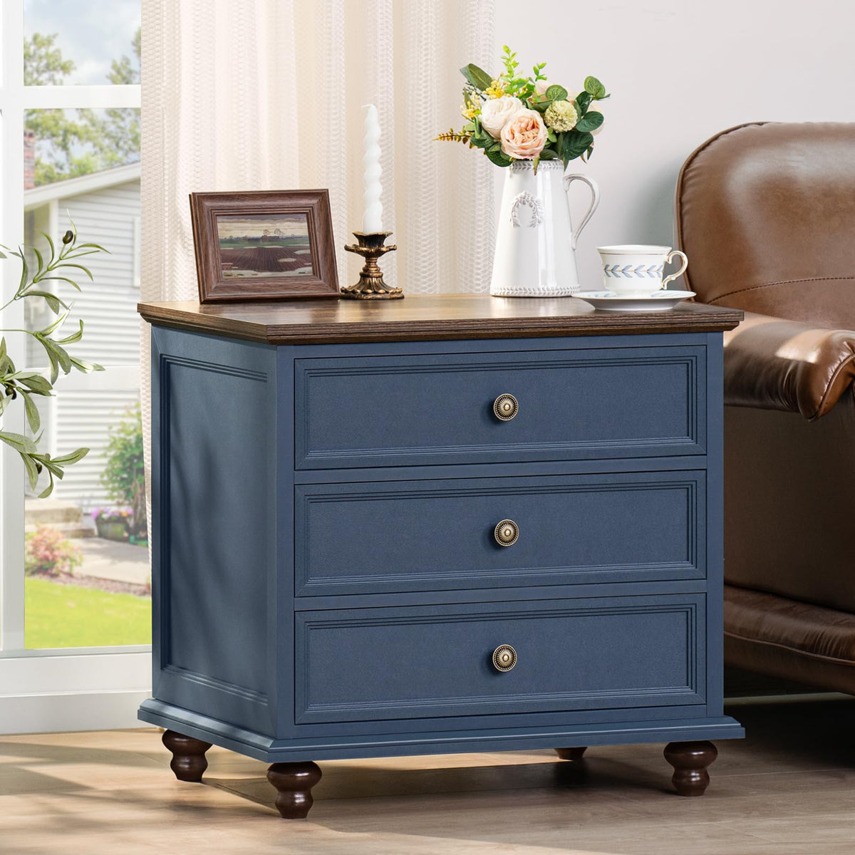 Joaxswe 24" Wide Farmhouse Night Stand Set of 2,Large End Table with 3 Drawers & Metal Handle,Wood Dresser for Bedroom,Bed Side Table Chest of Drawers Cabinet,Natural Nightstand for Living Room,Closet