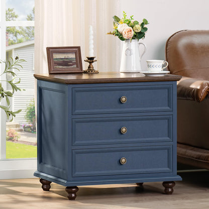 Joaxswe 24" Wide Farmhouse Night Stand Set of 2,Large End Table with 3 Drawers & Metal Handle,Wood Dresser for Bedroom,Bed Side Table Chest of Drawers Cabinet,Natural Nightstand for Living Room,Closet