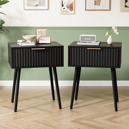 VINGLI Black Nightstands Set of 2 with Fabric Drawers, Fluted Nightstands with Charging Station, Night Stand Set of 2, Small Bedside Table, Bed Side Table/Night Stand with Charging Station for Bedroom