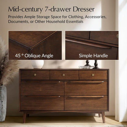 HULALA HOME 7 Drawer Dresser for Bedroom, 52" Wide Mid-Century Modern Chest of Drawers with Built-in Drawer Dividers, Wooden Bedroom Drawer Dresser, Solid Wood Legs with Adjustable Feet(Walnut)