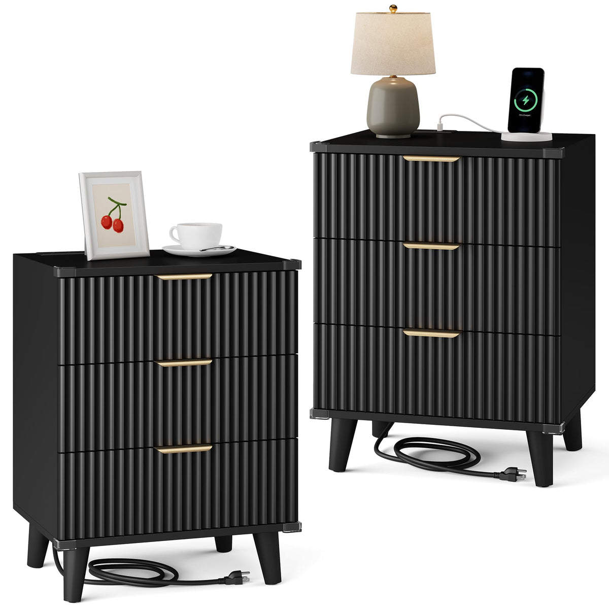 Night Stand Set 2, Fluted Wood Nightstands w/Charging Station for Bedroom