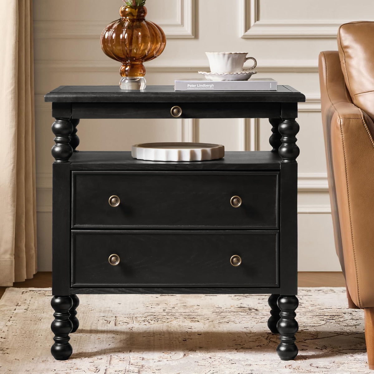 HULALA HOME 26" End Tables Set of 2 with Charging Station, Transitional 2 Drawer Wood Endtables with Pull-Out Shelf and Open Storage Space, Large Side Tables with Solid Wood Spindle Legs, Walnut