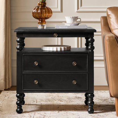 HULALA HOME 26" End Tables Set of 2 with Charging Station, Transitional 2 Drawer Wood Endtables with Pull-Out Shelf and Open Storage Space, Large Side Tables with Solid Wood Spindle Legs, Walnut