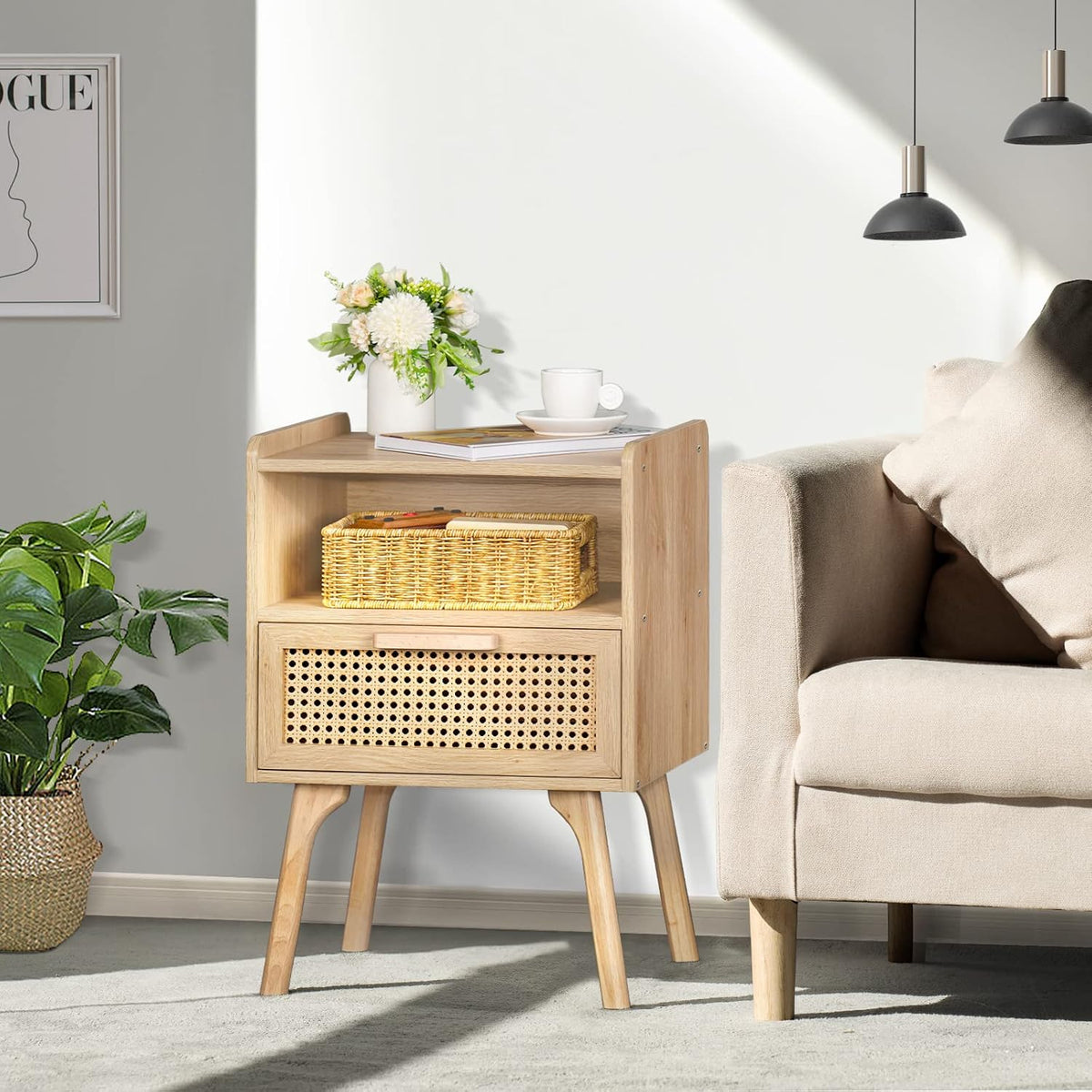 Lerliuo Rattan Nightstand, Boho Side Table with Drawer Open Shelf