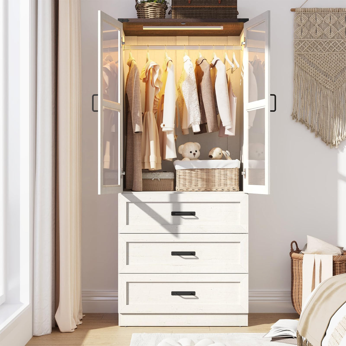75" Tall Farmhouse 2 Doors Armoire Wardrobe Closet with 3 Drawers and LED,Freestanding Closet Wardrobe Cabinet for Bedroom with Hanging Rod,Wooden Armoire Storage Cabinet with Adjustable shelve(Black)