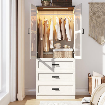 75" Tall Farmhouse 2 Doors Armoire Wardrobe Closet with 3 Drawers and LED,Freestanding Closet Wardrobe Cabinet for Bedroom with Hanging Rod,Wooden Armoire Storage Cabinet with Adjustable shelve(Black)