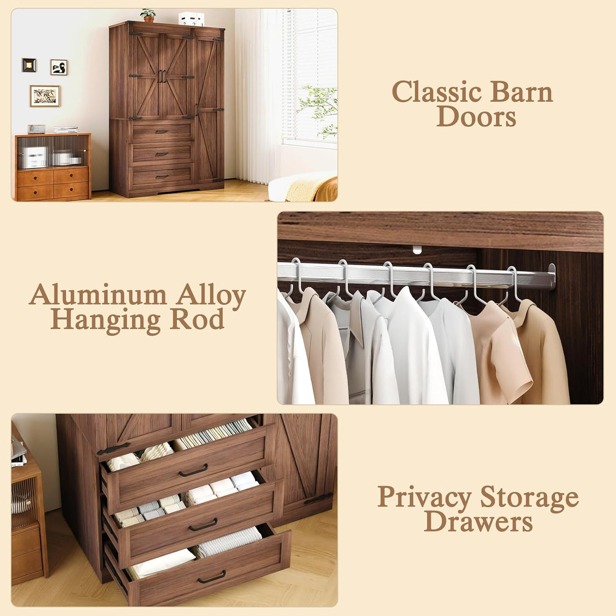 Farmhouse Wooden Armoire Storage Cabinet with Adjustable Shelves & Hanging Rod, 3 Doors Wardrobe Armoire Closet with Drawers, 70" Freestanding Clothing Storage Cabinet for Bedroom, Brown