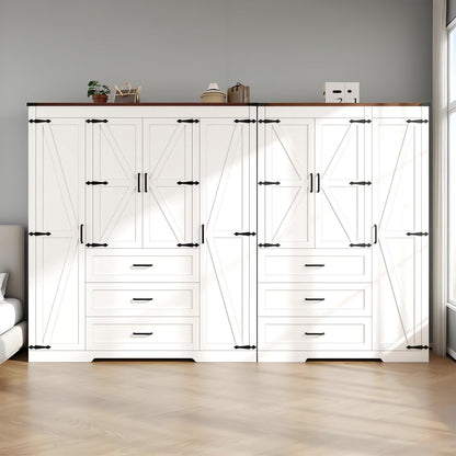 70" Tall Armoire Wardrobe Closet with 4 Doors & 3 Drawers, Farmhouse Bedroom Storage Cabinet with Hanging Rod, Freestanding Wooden Armoire Wardrobe Closet, Brown