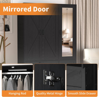 Black 3 Door Wardrobe Closet with Mirror, Bedroom Armoire Wardrobe Closet with Lights, 2 Drawers, Hanging Rod and Cabinet, Large Clothes Storage Organizer, 47.2 x 19.68 x 71.65 in