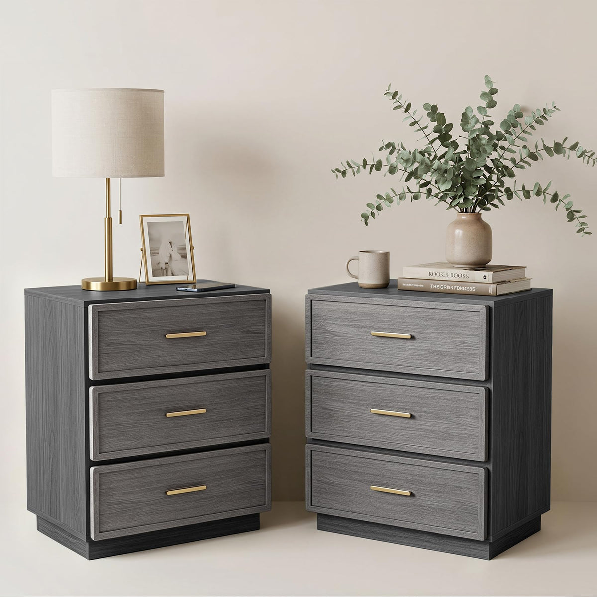 Nightstand Set of 2 Tall Bedside Table with 3 Drawers, Walnut
