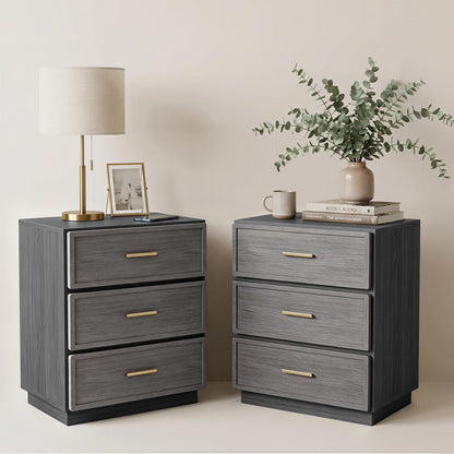 Nightstand Set of 2 Tall Bedside Table with 3 Drawers, Walnut