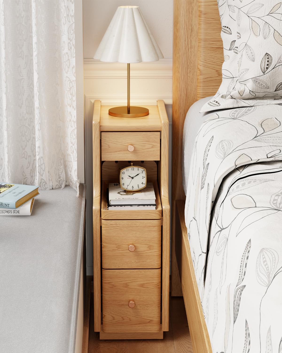 Solid Wood Narrow Nightstand with 3 Drawers,Modern White,Fully Assembled