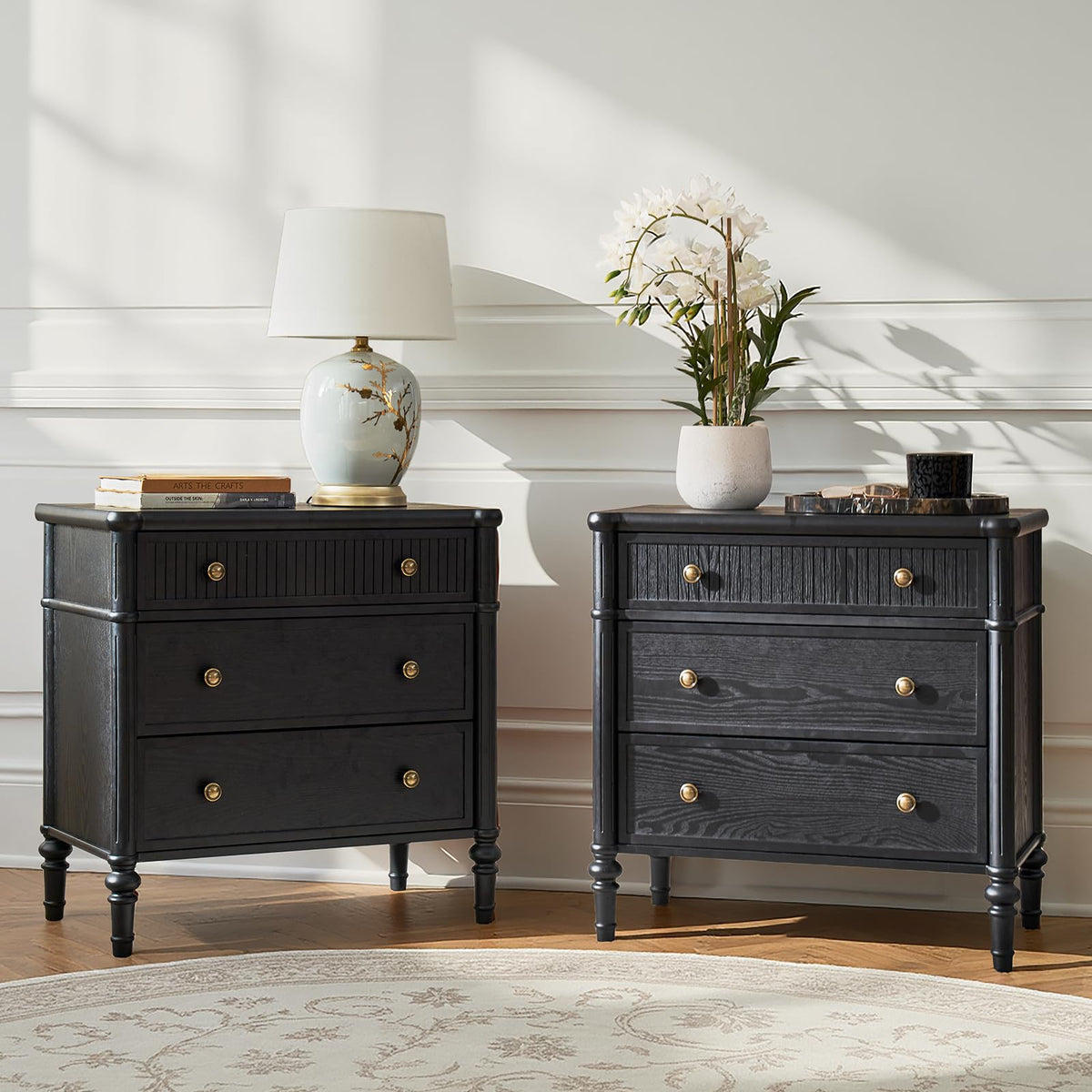 HULALA HOME Traditional End Table with Charging Station, Fluted End Tables with Wood Drawers and Solid Wood Spindle Legs, 28 Inch Wide Storage Set of 2, Walnut