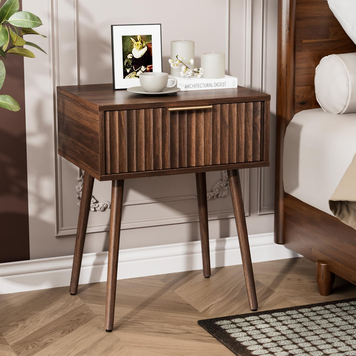 VINGLI Black Nightstands Set of 2 with Fabric Drawers, Fluted Nightstands with Charging Station, Night Stand Set of 2, Small Bedside Table, Bed Side Table/Night Stand with Charging Station for Bedroom