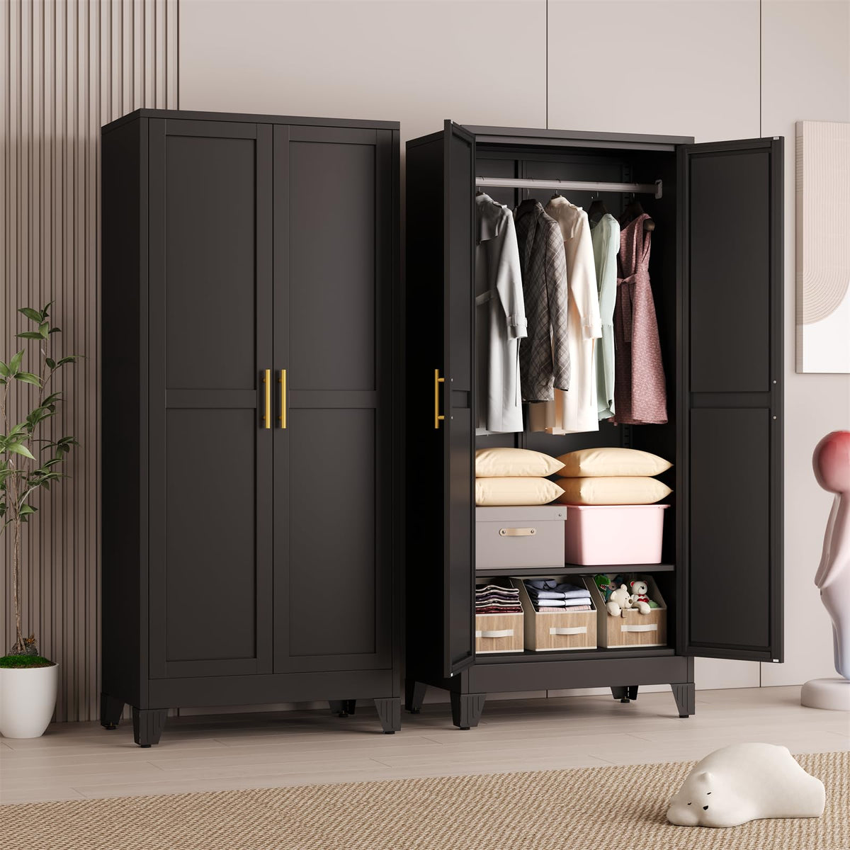 Metal Armoire Wardrobe Closet Storage Cabinet with Mirror White, 71'' Wardrobe Cabinet with Hanging Rod Metal Closet with Adjustable Shelf and Drawer for Bedroom, Laundry Room, Cloak Room