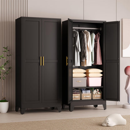 Metal Armoire Wardrobe Closet Storage Cabinet with Mirror White, 71'' Wardrobe Cabinet with Hanging Rod Metal Closet with Adjustable Shelf and Drawer for Bedroom, Laundry Room, Cloak Room
