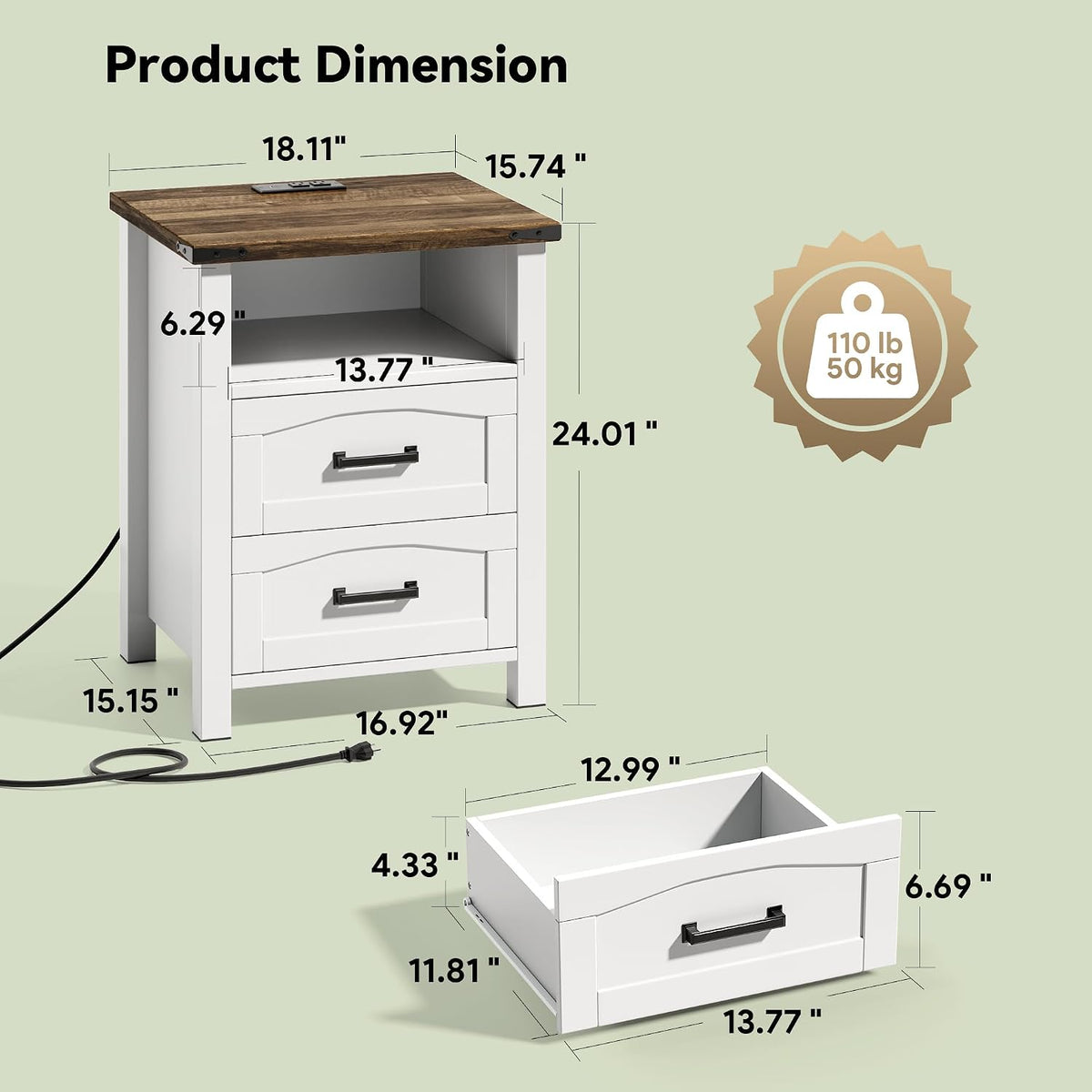 Decofy Farmhouse Nightstand Set of 2 with Charging Station, 2 Drawers