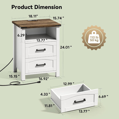 Decofy Farmhouse Nightstand Set of 2 with Charging Station, 2 Drawers