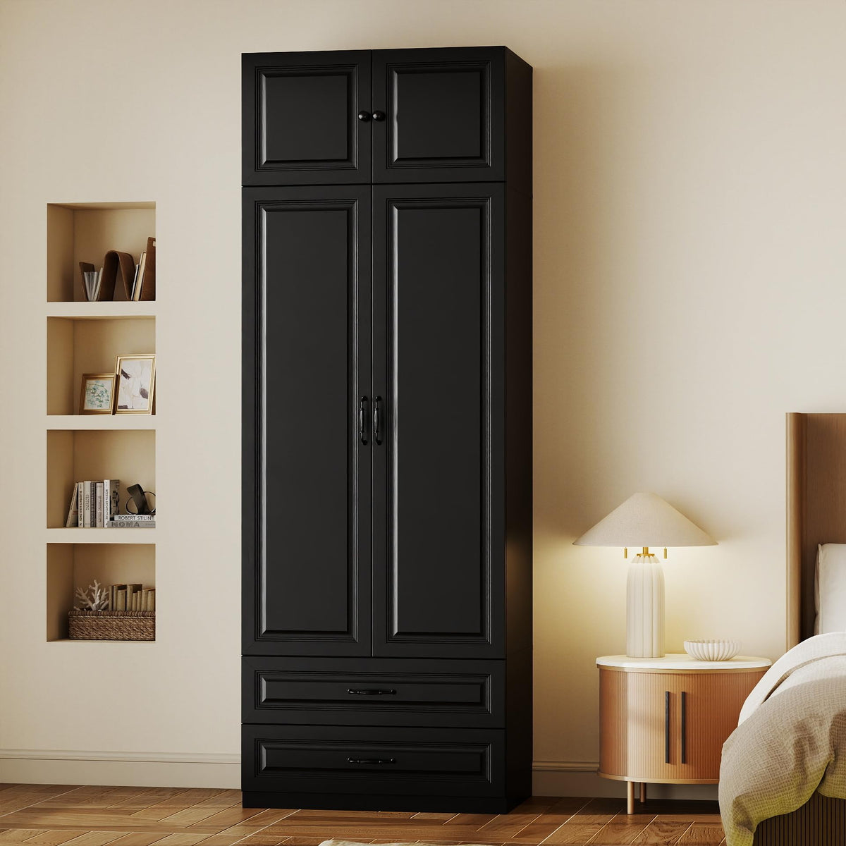 Armoire Wardrobe Closet with Drawers: 31.5" Large Wood Wardrobe Closet with 2 Doors and 2 Drawers, Modern Clothes Storage Cabinet for Bedroom Armoire with Shelves (White, 31.5")