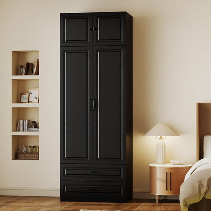 Armoire Wardrobe Closet with Drawers: 31.5" Large Wood Wardrobe Closet with 2 Doors and 2 Drawers, Modern Clothes Storage Cabinet for Bedroom Armoire with Shelves (White, 31.5")