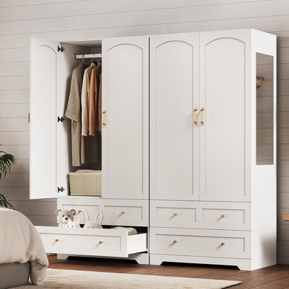 Armoire Wardrobe Closet with 2 Drawers & Mirror, White