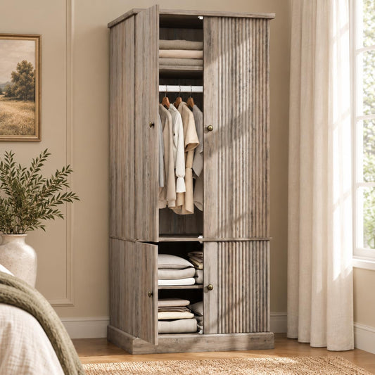 Garvee 72" Tall Armoire Wardrobe Closet, Fluted Wood, 4 Doors, Retro Gray