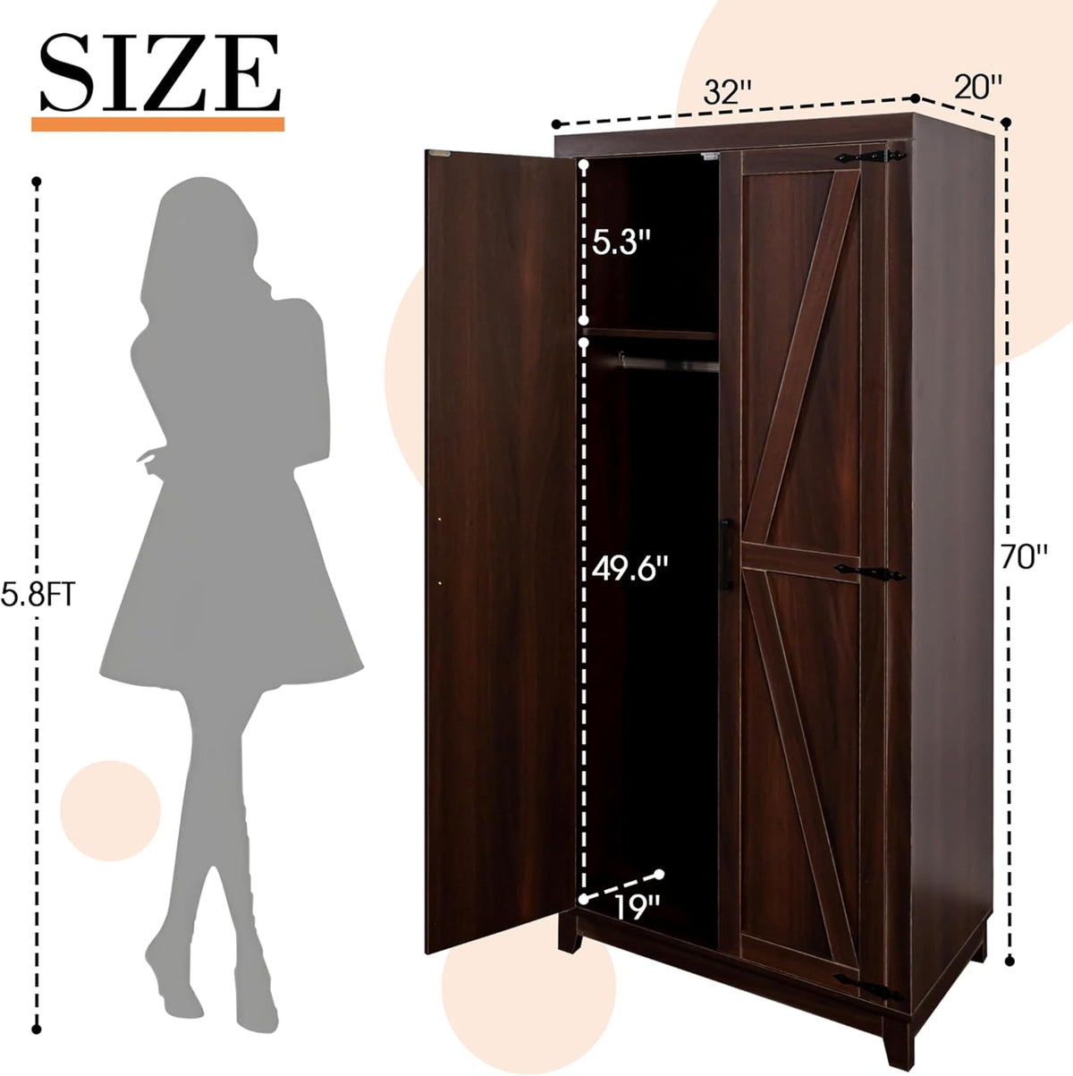 WERSMT 70" Tall Wardrobe Closet with Doors and Shelves, Hanging Clothes Storage Cabinet with Rods, Wooden Coat Closet with Door, Espresso
