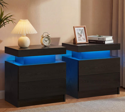 i-aplus Black Modern LED Nightstand Set of 2 with 2 Wood Drawer for Bedroom