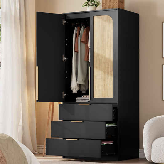 GarveeHome 70" Wardrobe Armoire Wooden Closet with 3 Drawers, Black