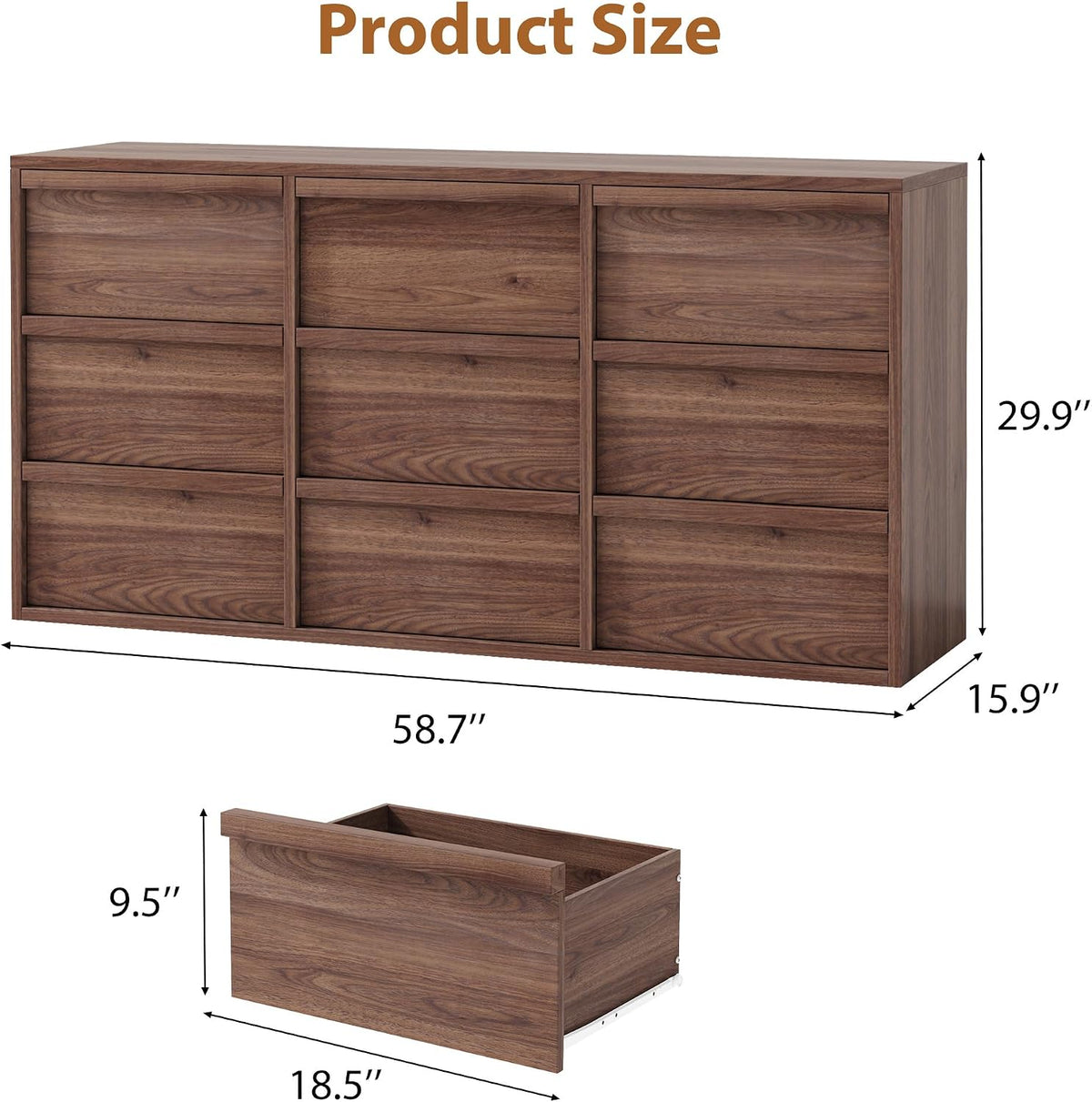 Garvee 9 Drawer Dresser for Bedroom, 59" Wide Modern Dressers & Chest of Drawers with Large Storage, Wooden Dresser Organizer Closet for Living Room, Entryway, Nursery, Walnut