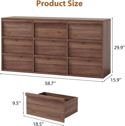 Garvee 9 Drawer Dresser for Bedroom, 59" Wide Modern Dressers & Chest of Drawers with Large Storage, Wooden Dresser Organizer Closet for Living Room, Entryway, Nursery, Walnut