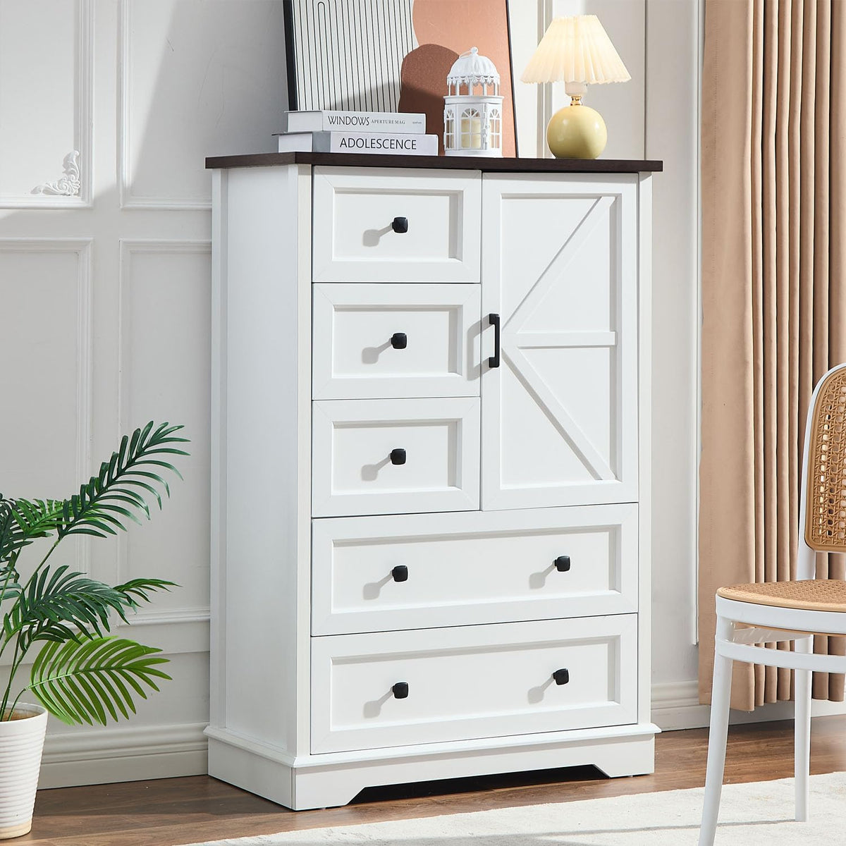 SOOWERY Farmhouse Dresser for Bedroom, Tall Chest of Drawers, Dark Cherry