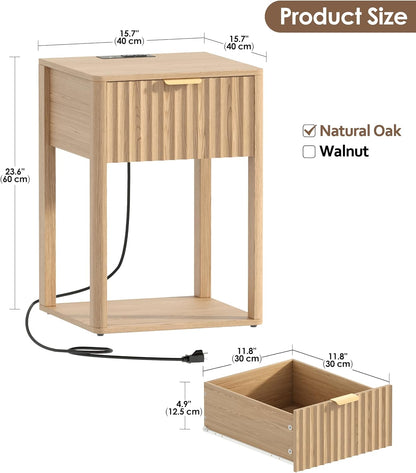 Akxomel Nightstand Set 2 with Charging Station Fluted Bedside Table Oak