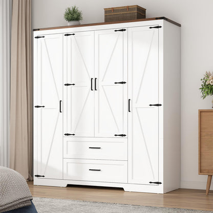 Hlivelood 4 Doors Wardrobe Armoire Closet with Doors and Drawers, Farmhouse Wooden Armoire Storage Cabinet with Shelves & Hanging Rod for Bedroom, Grey