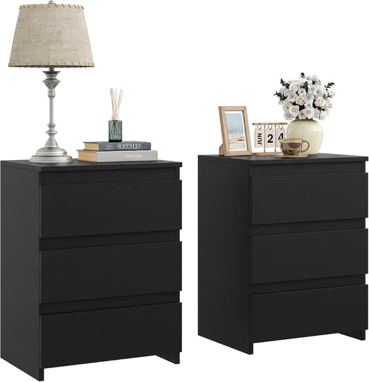 Nightstands Set of 2, Black Nightstand with 3 Drawers