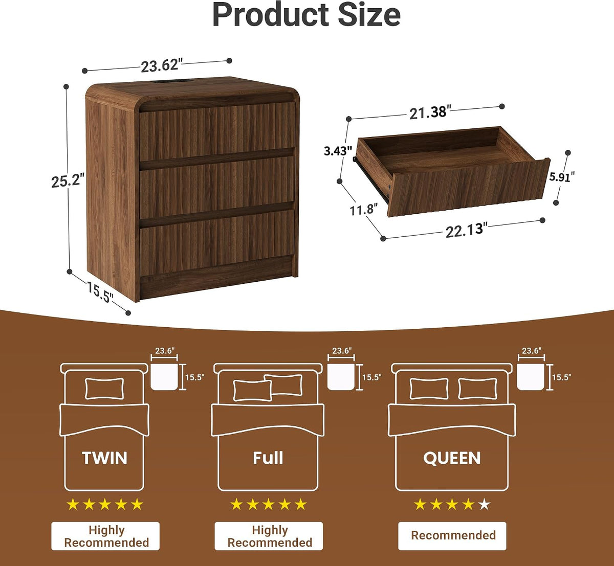 Seang Nightstand Set of 2,Fluted Nightstand with Charging Station,Wooden Bedside Table with Curved Profile Design,3 Drawers Storage,Large End Table for Bedroom,Walnut.