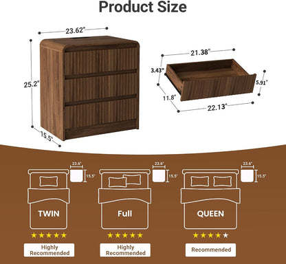 Seang Nightstand Set of 2,Fluted Nightstand with Charging Station,Wooden Bedside Table with Curved Profile Design,3 Drawers Storage,Large End Table for Bedroom,Walnut.