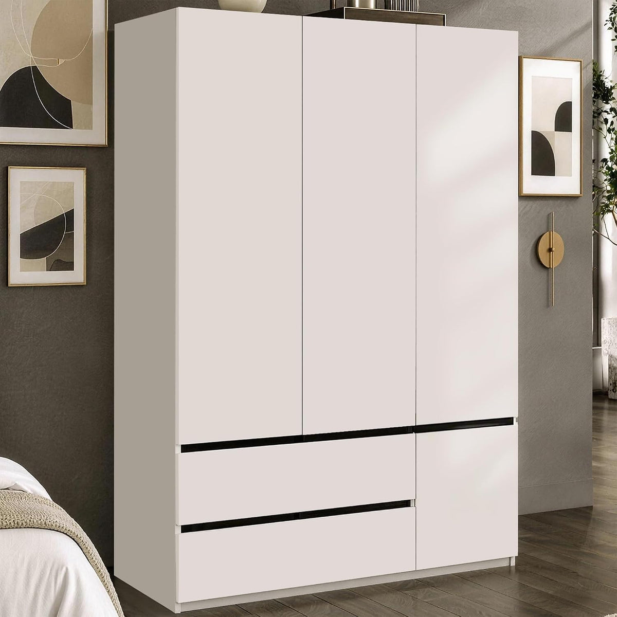 47" Modern 3 Door Wardrobe Closet with 2 Drawers & Hanging Rod, White+Black