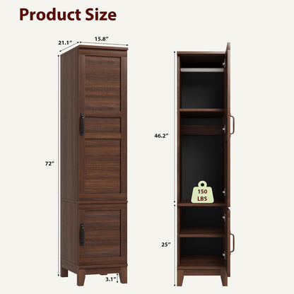 72" Wooden Armoire Wardrobe Closet – 2 Doors, Hanging Rod, 18 Adjustable Shelves, Narrow Bedroom Storage Organizer – Walnut Finish,Brown