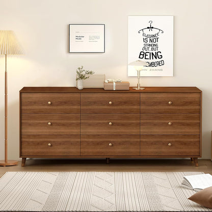 Mid Century Modern 9-Drawer Dresser, 63 Inch Solid Wood Frame Chest, Walnut
