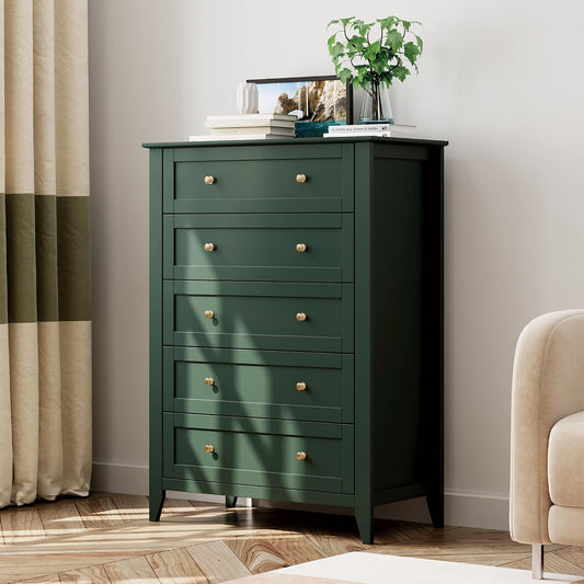 Garvee 5 Drawer Dresser for Bedroom, Modern Tall Chest of Drawers with Metal Knobs, Wooden Clothes Storage Organizer for Closet, Nursery, Living Room, Apartment, Green