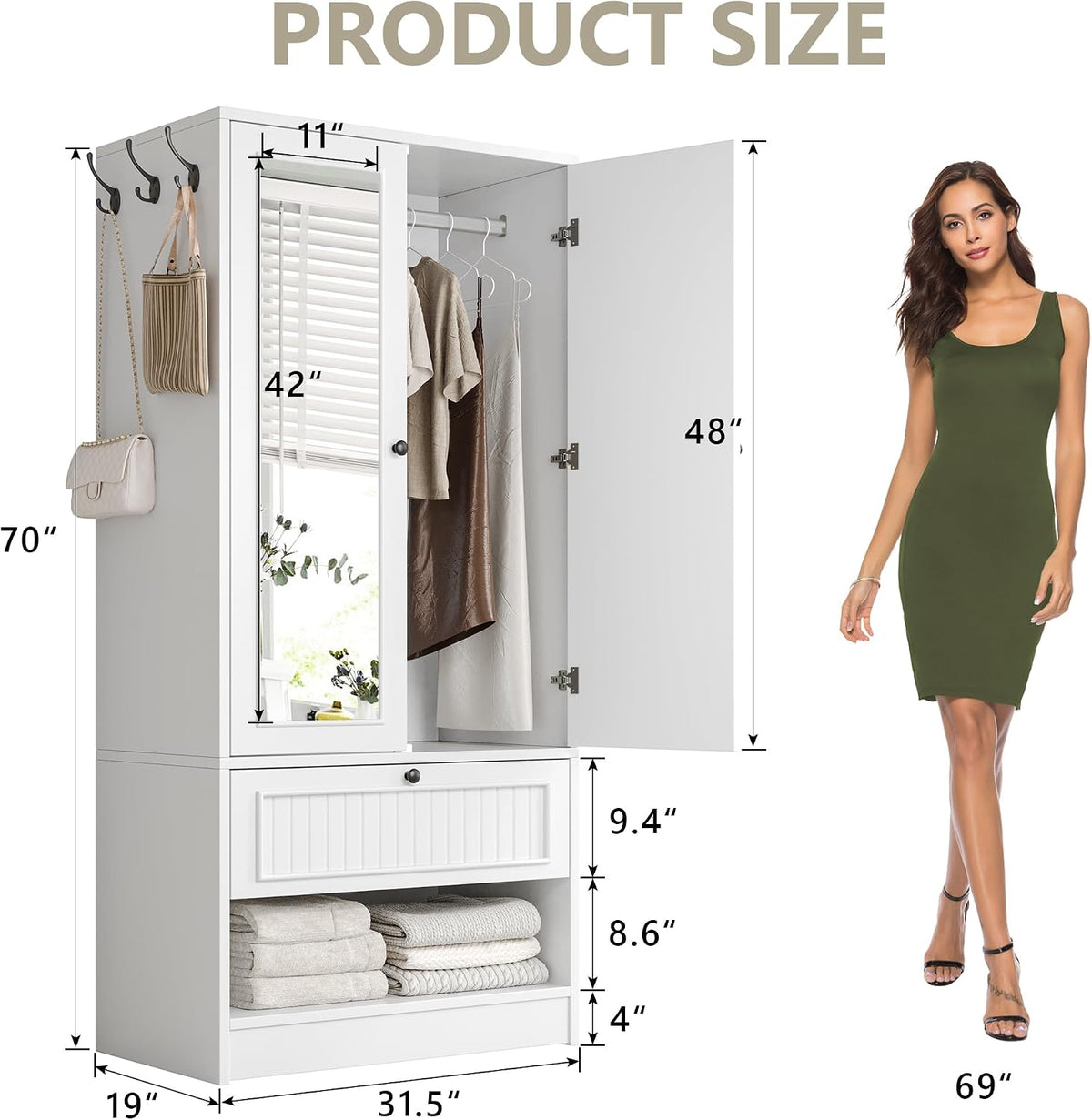 iPormis Wood Armoire Wardrobe Closet with Mirror Door and Drawer, 2 Doors Bedroom Storage Cabinet for Hanging Clothes, White