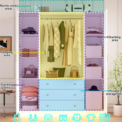 4 Doors LED Wardrobe Closet, 75" Tall Modern Armoire with Mirror & 3 Drawers, Wooden Armoire Wardrobe Closet for Bedroom, Hanging Rod, Freestanding Clothing Storage Cabinet, White